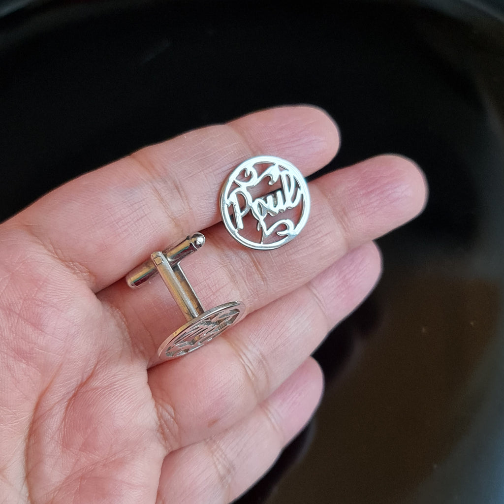 Name cufflinks personalized for men in silver as formal office gift